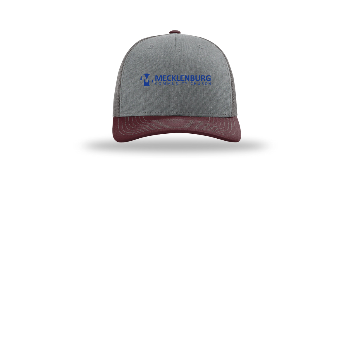 mecklenburg-richardson-trucker-cap-embroidery-capfront-R112-heathergreycharcoalmaroon-flat-front