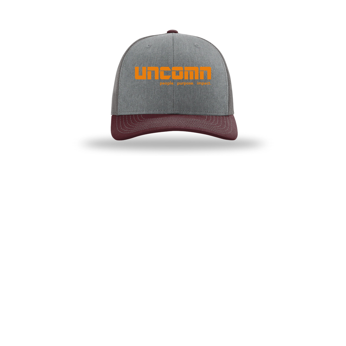 uncomn-richardson-trucker-cap-embroidery-capfront-R112-heathergreycharcoalmaroon-flat-front