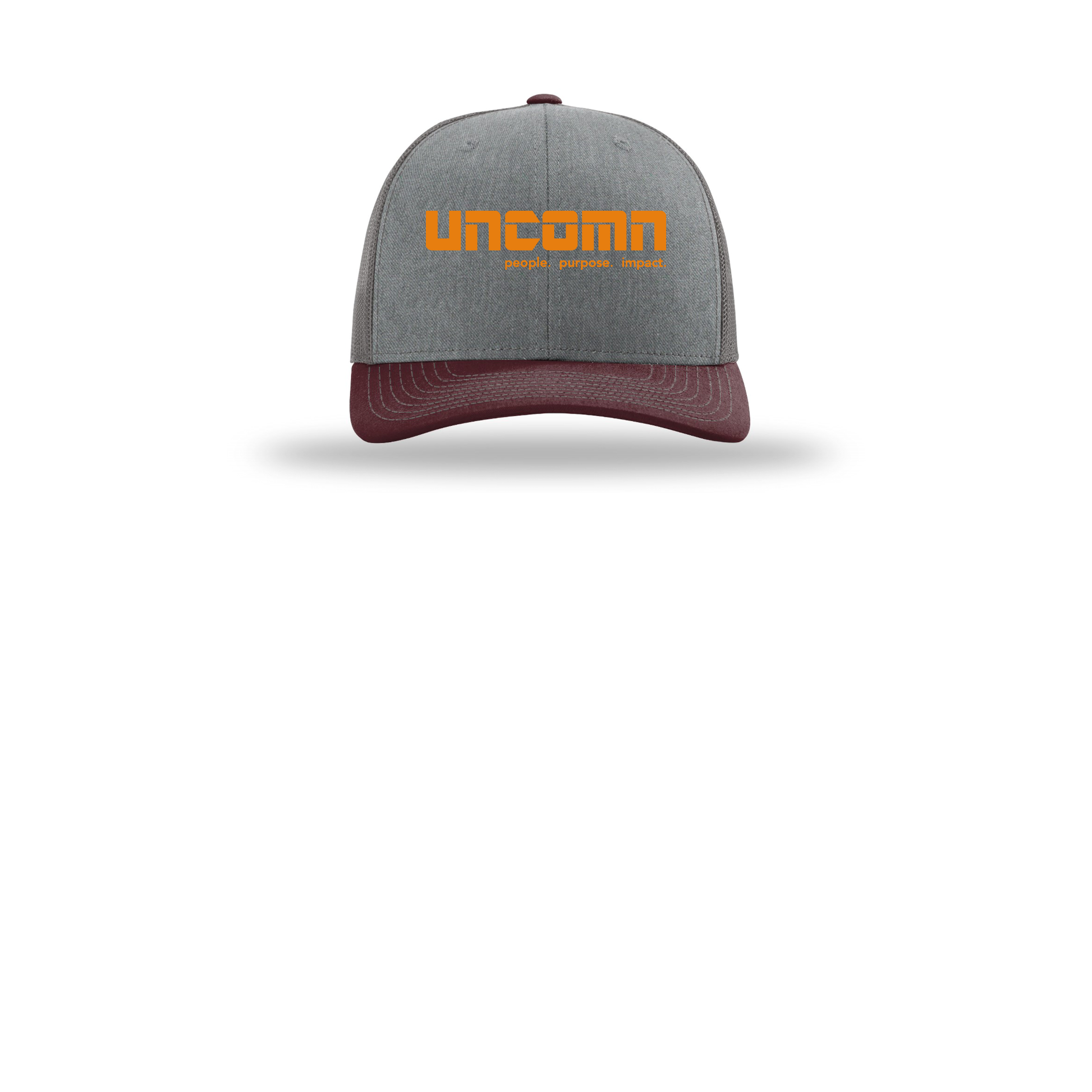 uncomn-richardson-trucker-cap-embroidery-capfront-R112-heathergreycharcoalmaroon-flat-front