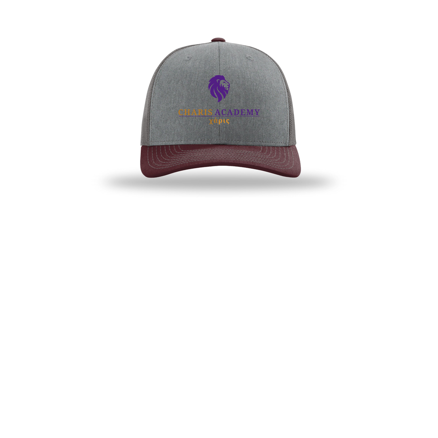 cahazleton-richardson-trucker-cap-embroidery-capfront-R112-heathergreycharcoalmaroon-flat-front