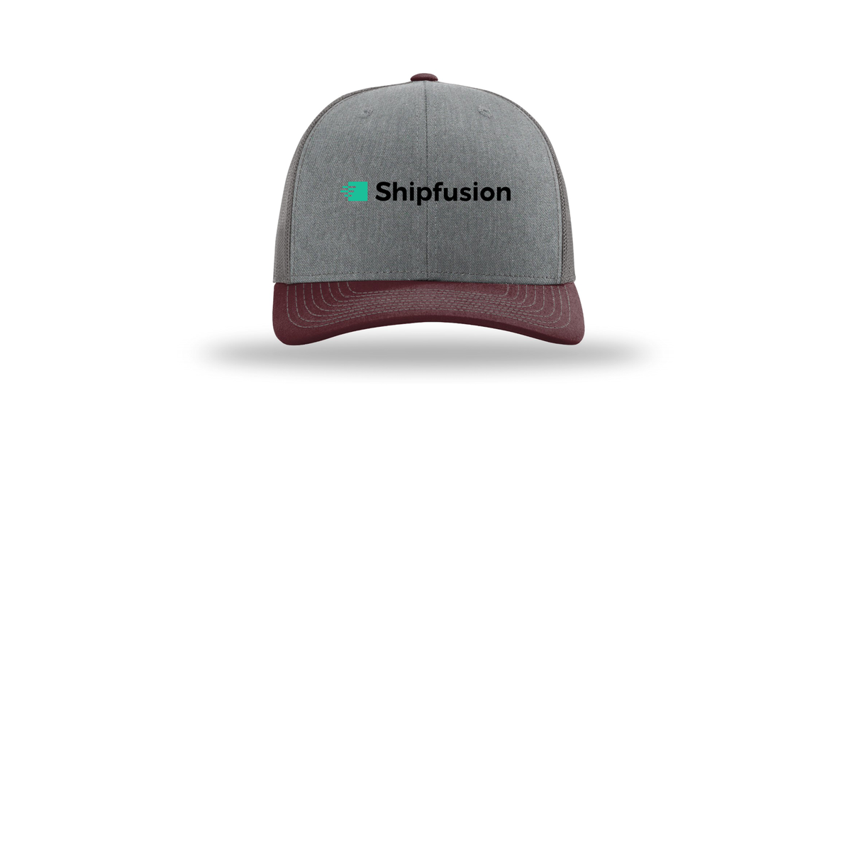 shipfusion-richardson-trucker-cap-embroidery-capfront-R112-heathergreycharcoalmaroon-flat-front