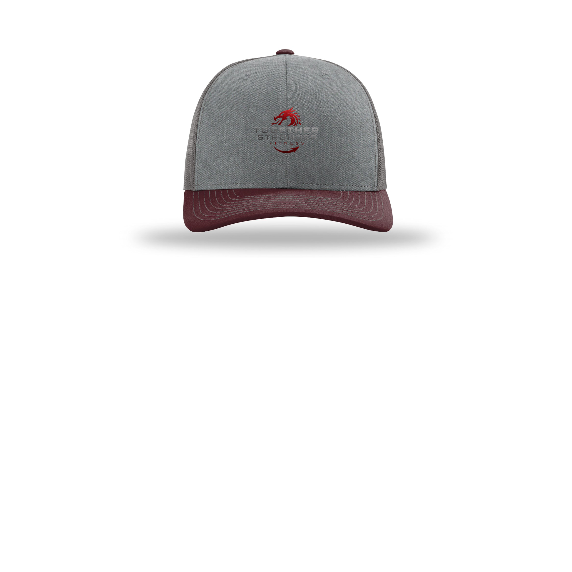 togetherstrongerfitness-richardson-trucker-cap-embroidery-capfront-R112-heathergreycharcoalmaroon-flat-front