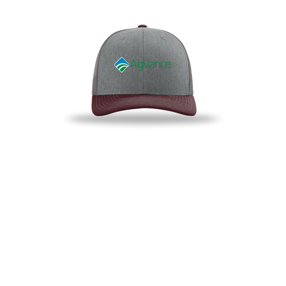 agvance-richardson-trucker-cap-embroidery-capfront-R112-heathergreycharcoalmaroon-flat-front