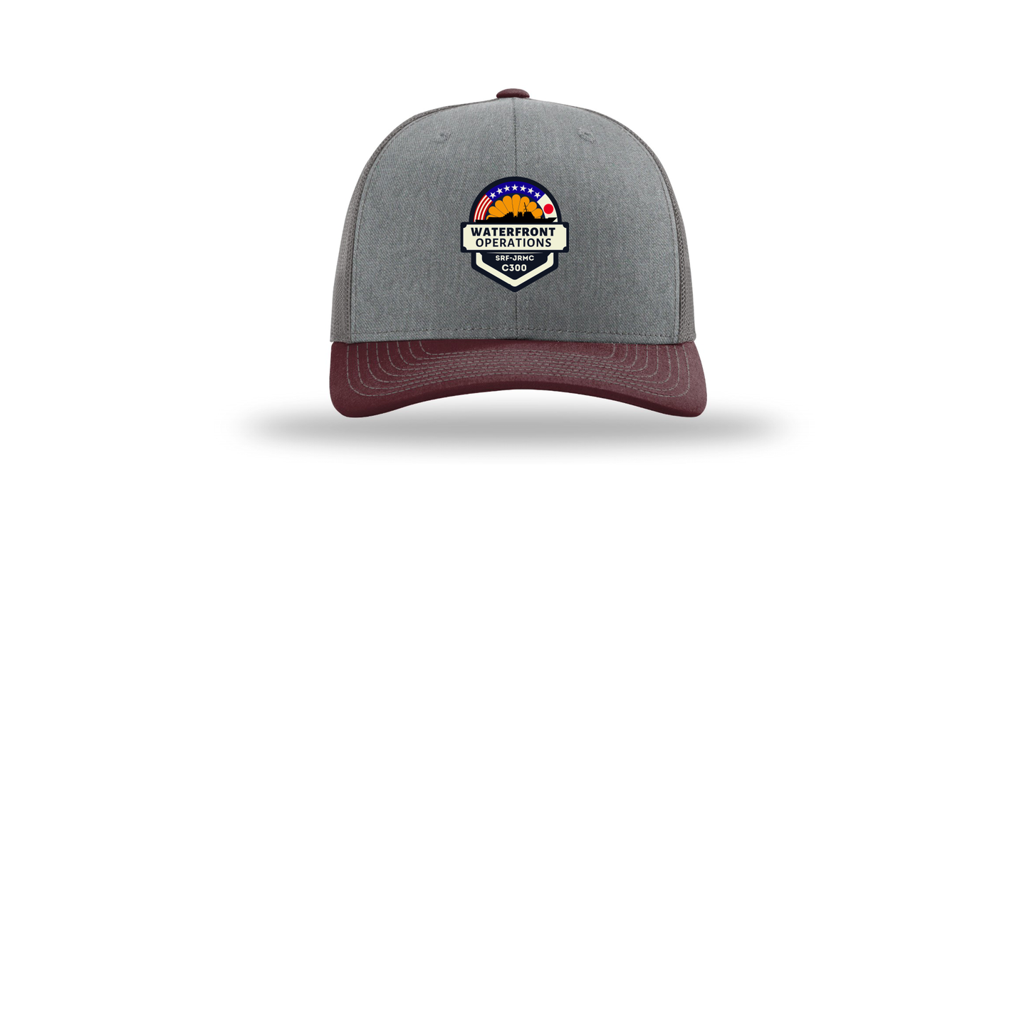 waterfront-operations-retro-trucker-cap-embroidery-capfront-R112-heathergreycharcoalmaroon-flat-front