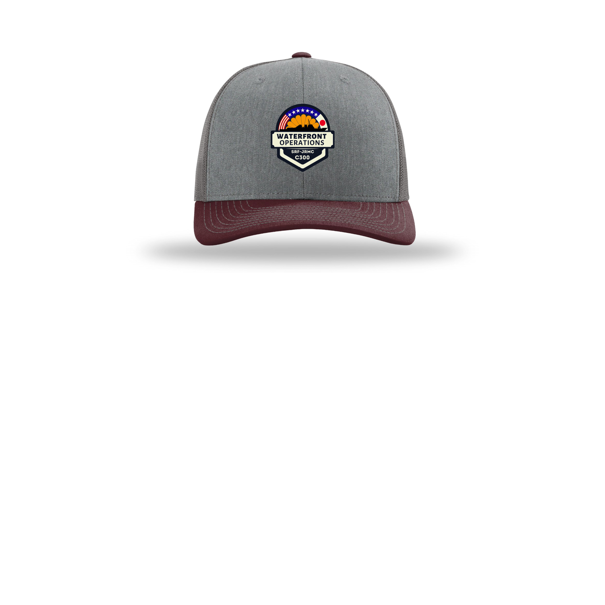 waterfront-operations-retro-trucker-cap-embroidery-capfront-R112-heathergreycharcoalmaroon-flat-front