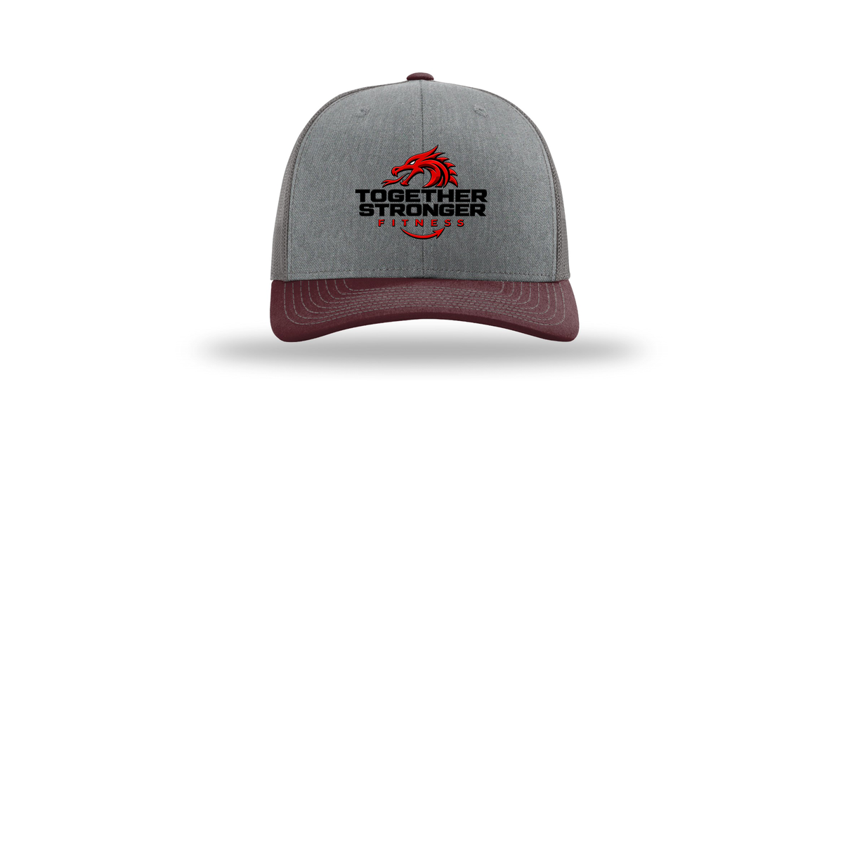 togetherstrongerfitness-richardson-trucker-cap-embroidery-capfront-R112-heathergreycharcoalmaroon-flat-front