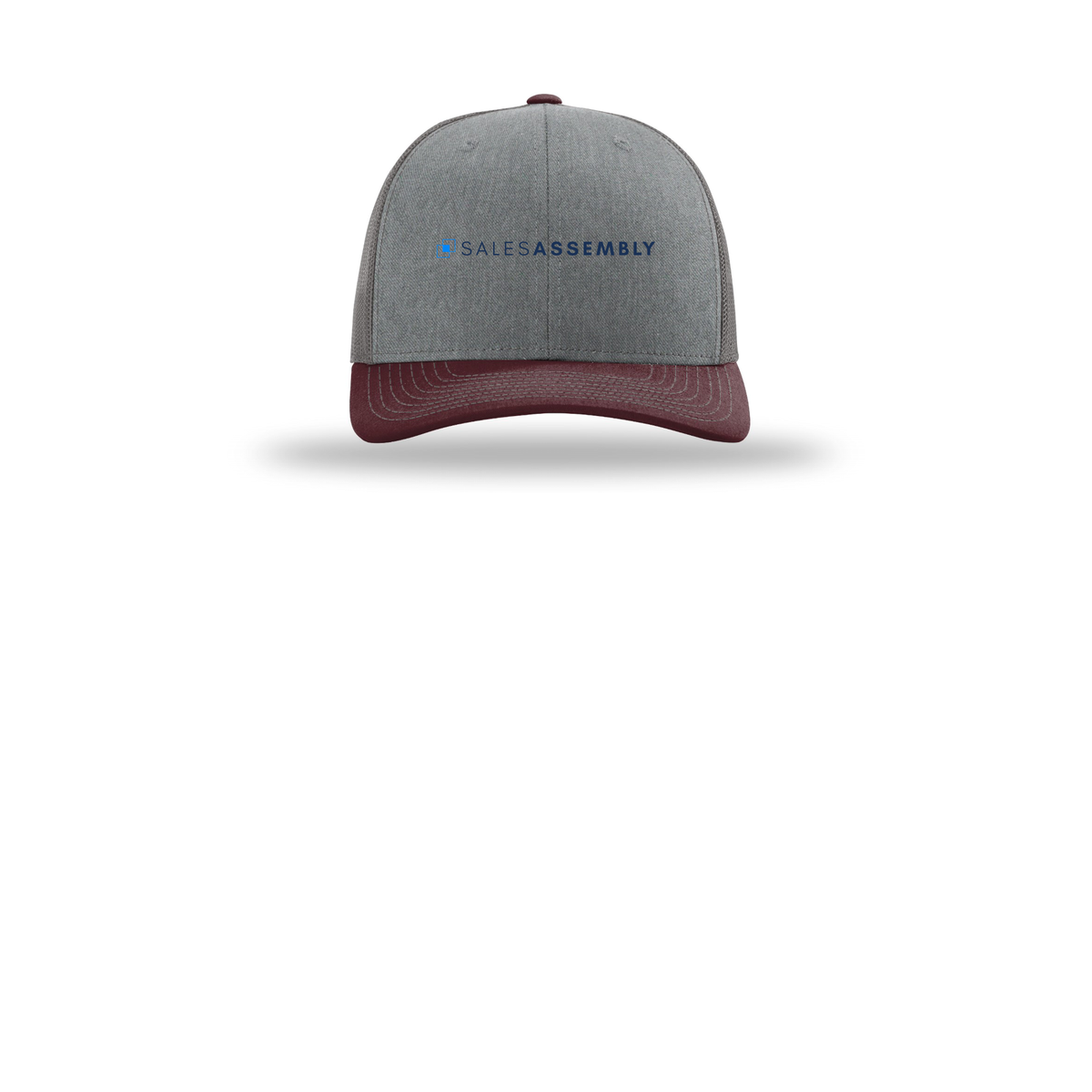 salesassembly-richardson-trucker-cap-embroidery-capfront-R112-heathergreycharcoalmaroon-flat-front
