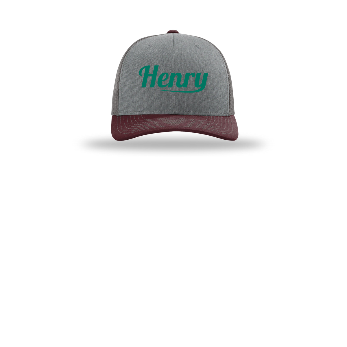 henrymeds-richardson-trucker-cap-embroidery-capfront-R112-heathergreycharcoalmaroon-flat-front