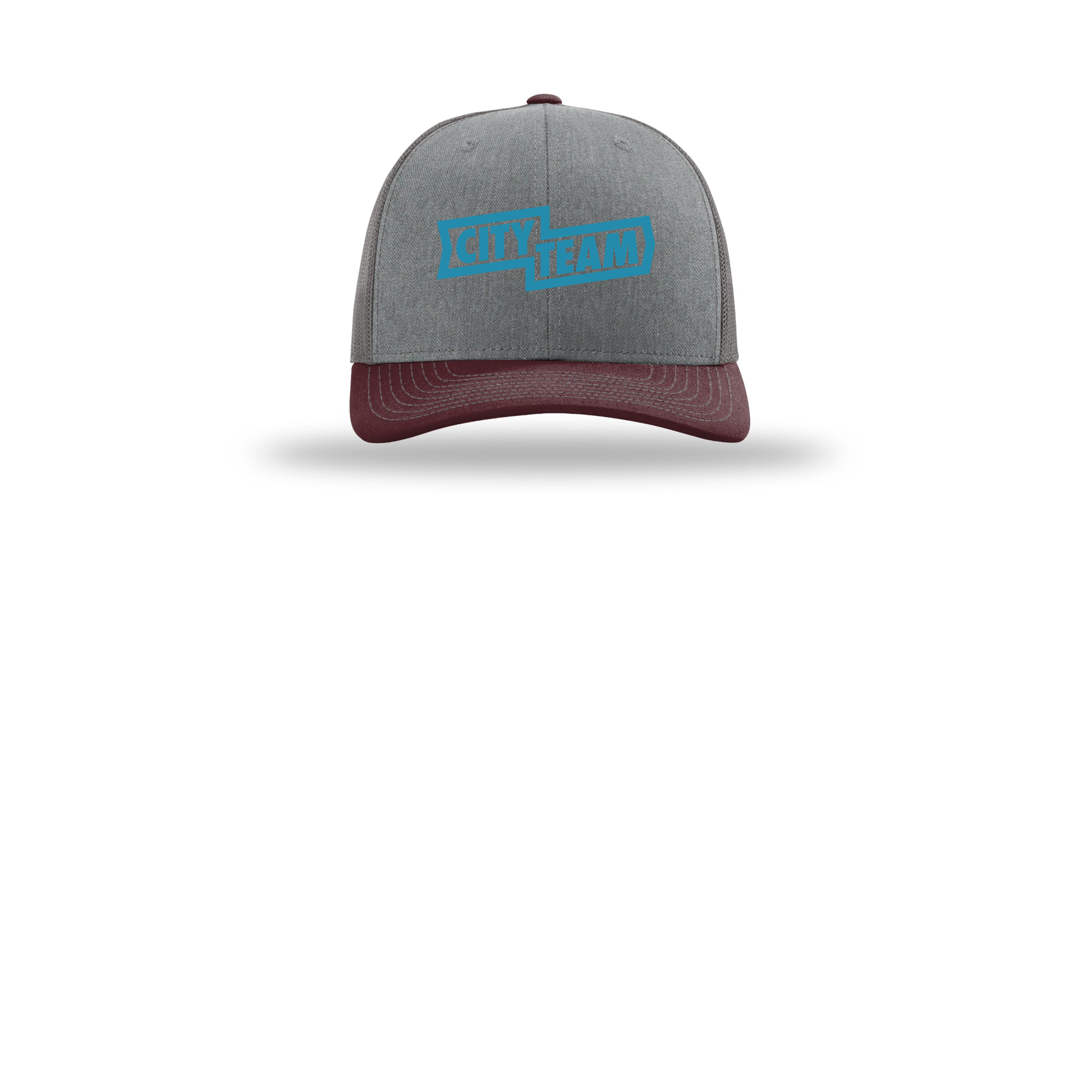 cityteam-richardson-trucker-cap-embroidery-capfront-R112-heathergreycharcoalmaroon-flat-front