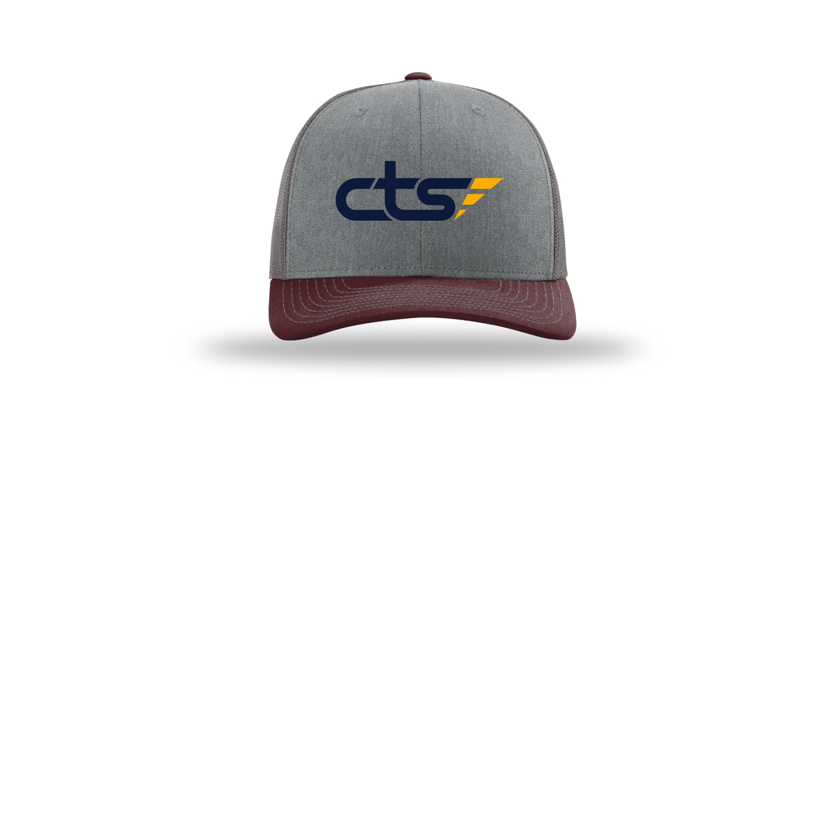 cts1-richardson-trucker-cap-embroidery-capfront-R112-heathergreycharcoalmaroon-flat-front
