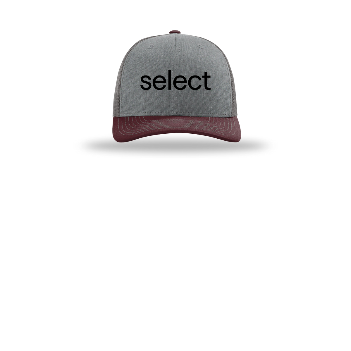 meetselect-richardson-trucker-cap-embroidery-capfront-R112-heathergreycharcoalmaroon-flat-front