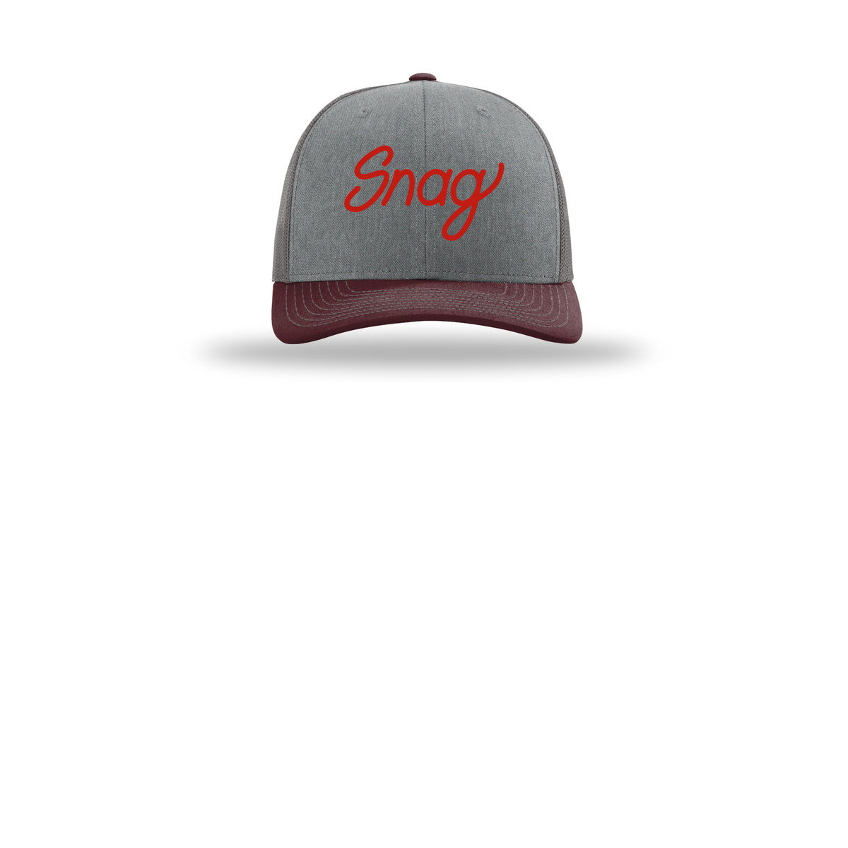 snagdelivery-richardson-trucker-cap-embroidery-capfront-R112-heathergreycharcoalmaroon-flat-front