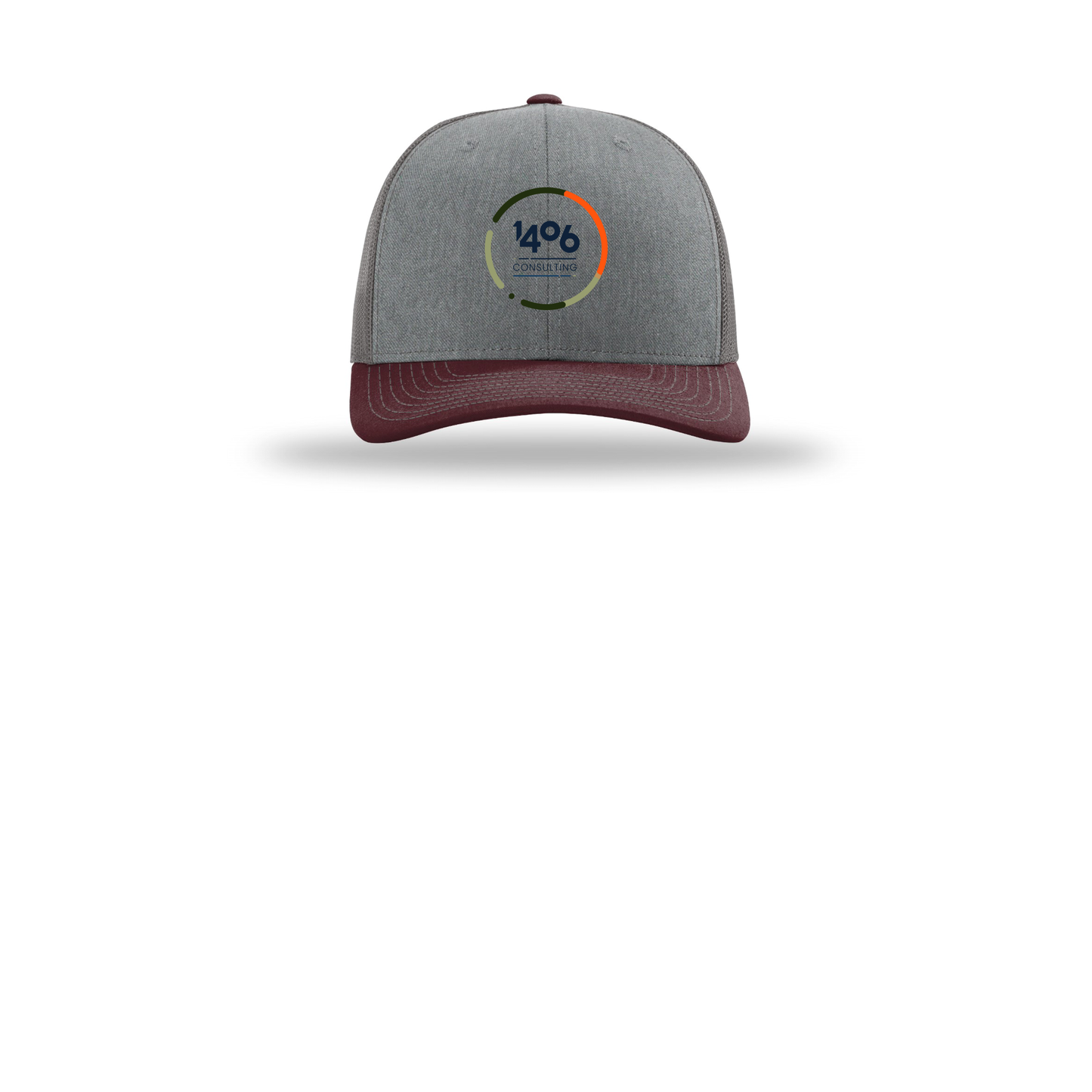 1406consulting-richardson-trucker-cap-embroidery-capfront-R112-heathergreycharcoalmaroon-flat-front