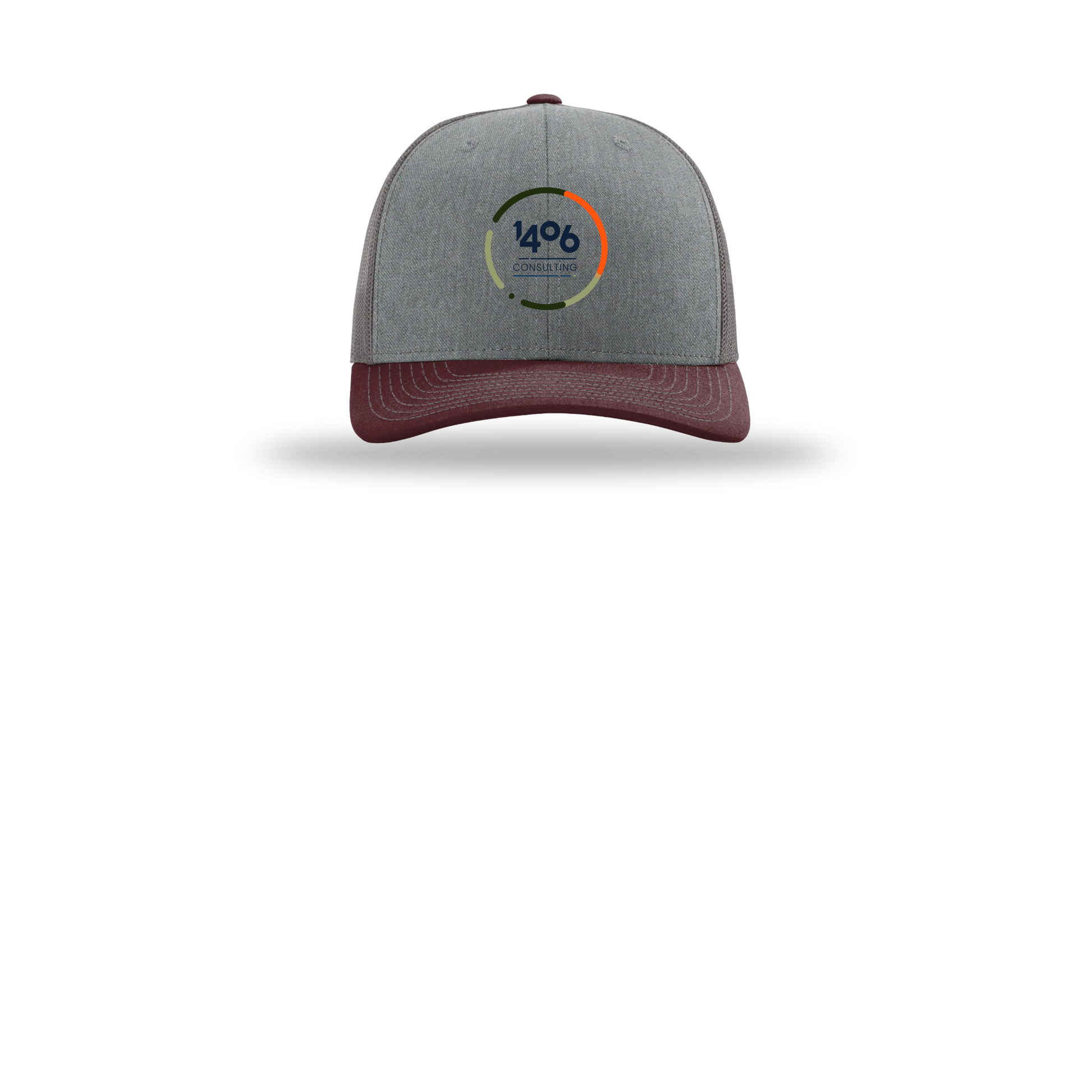 1406consulting-richardson-trucker-cap-embroidery-capfront-R112-heathergreycharcoalmaroon-flat-front
