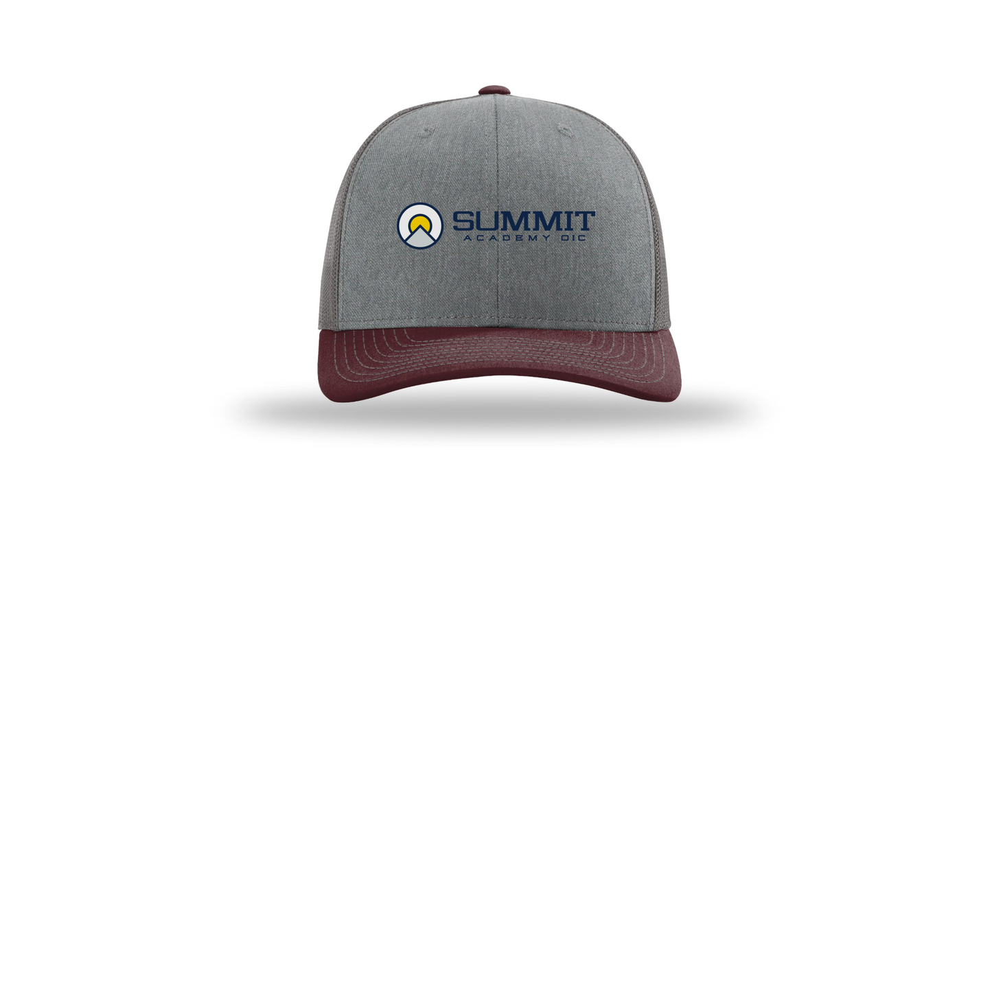 saoic-richardson-trucker-cap-embroidery-capfront-R112-heathergreycharcoalmaroon-flat-front
