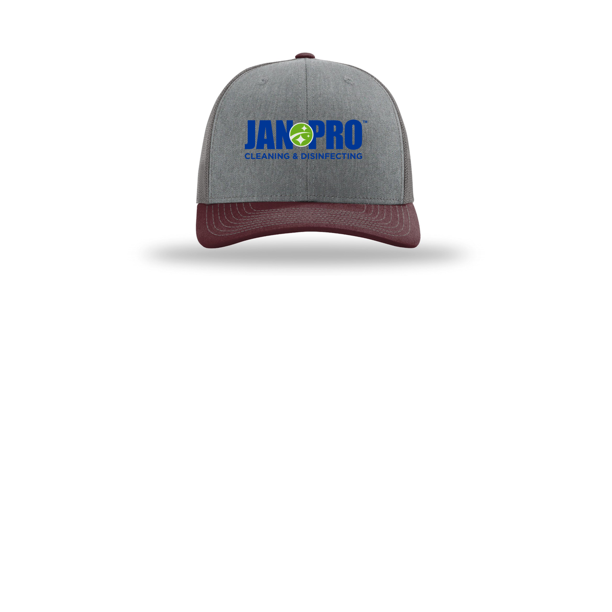 jan-pro-richardson-trucker-cap-embroidery-capfront-R112-heathergreycharcoalmaroon-flat-front