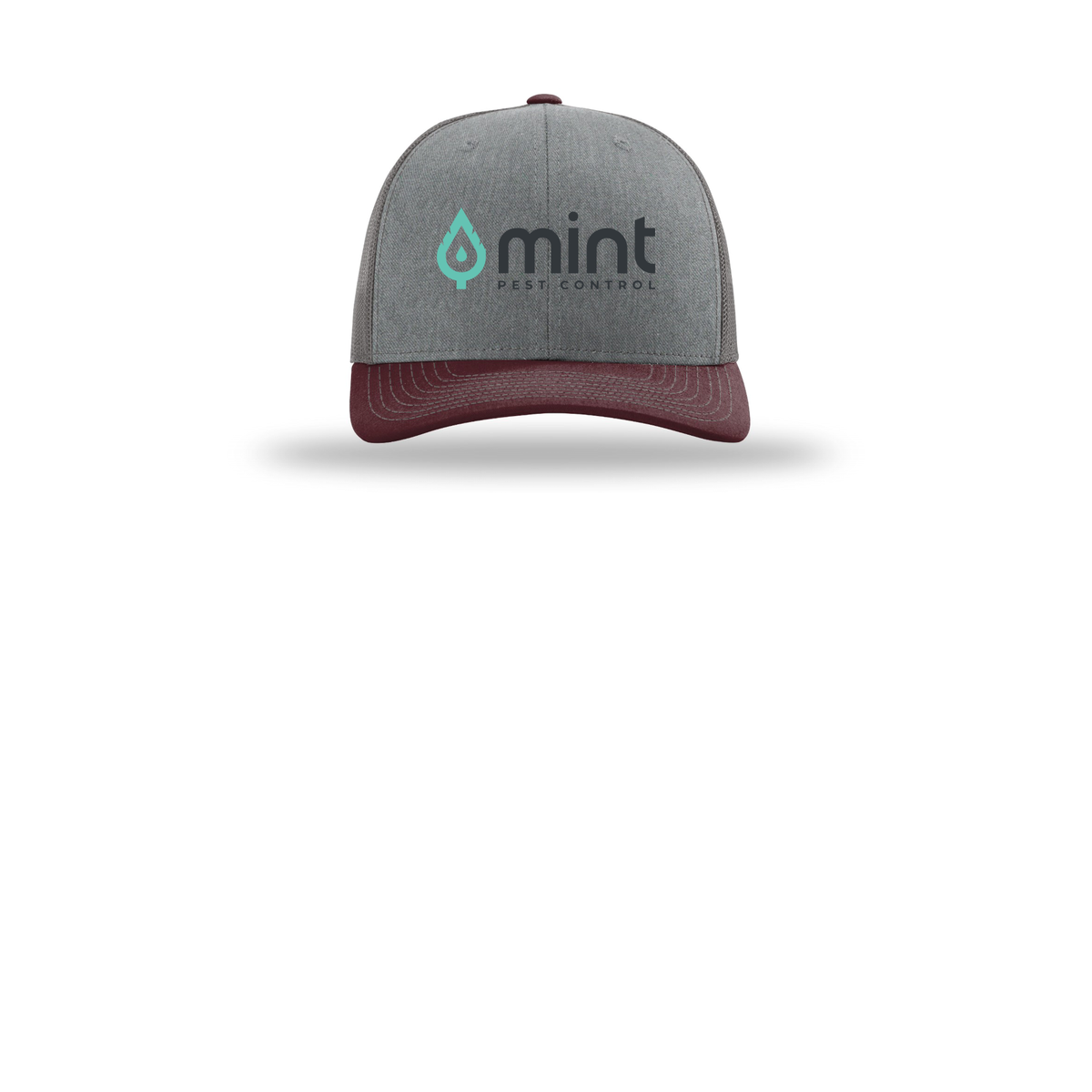 mintpest-richardson-trucker-cap-embroidery-capfront-R112-heathergreycharcoalmaroon-flat-front
