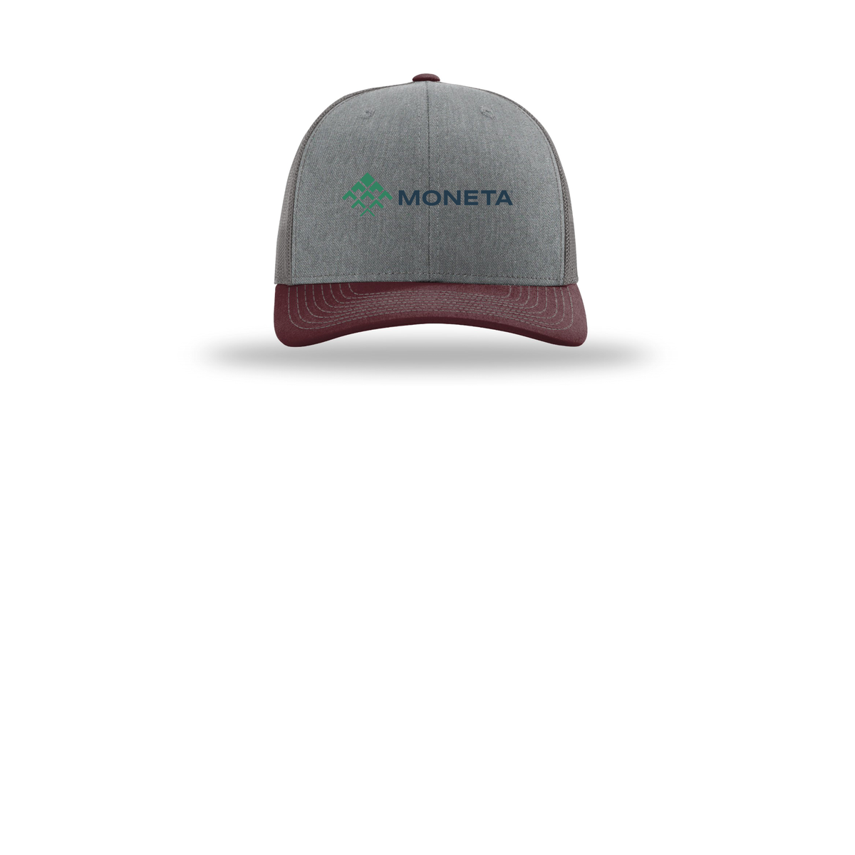 monetagroup-richardson-trucker-cap-embroidery-capfront-R112-heathergreycharcoalmaroon-flat-front