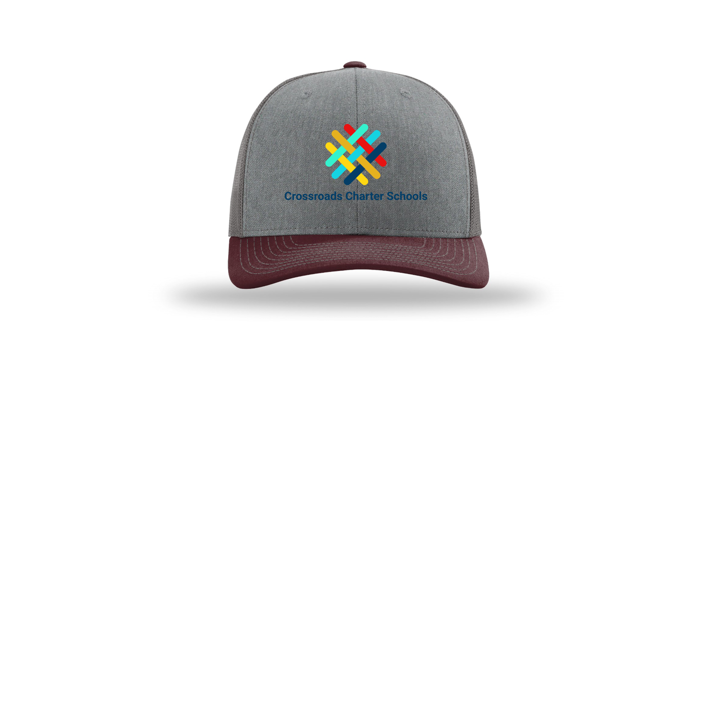 crossroadsschoolskc-richardson-trucker-cap-embroidery-capfront-R112-heathergreycharcoalmaroon-flat-front