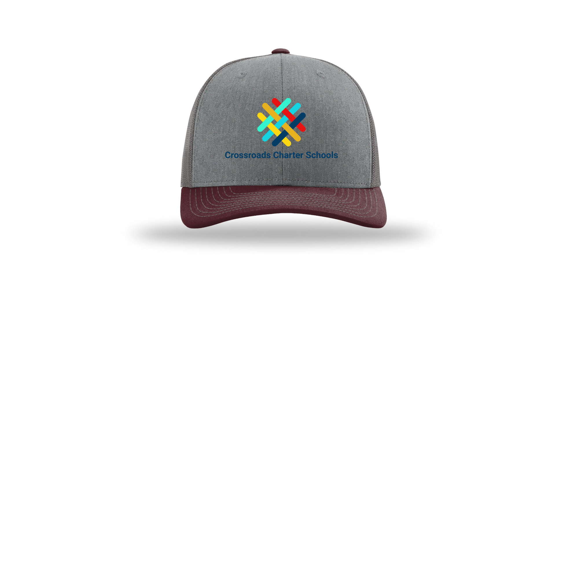crossroadsschoolskc-richardson-trucker-cap-embroidery-capfront-R112-heathergreycharcoalmaroon-flat-front
