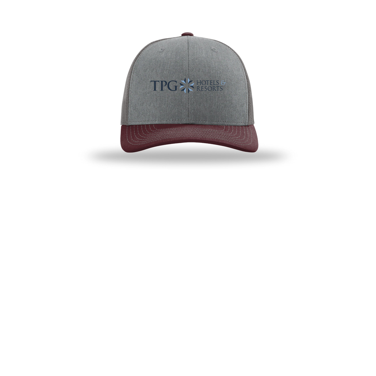 tpghotelsandresorts-richardson-trucker-cap-embroidery-capfront-R112-heathergreycharcoalmaroon-flat-front