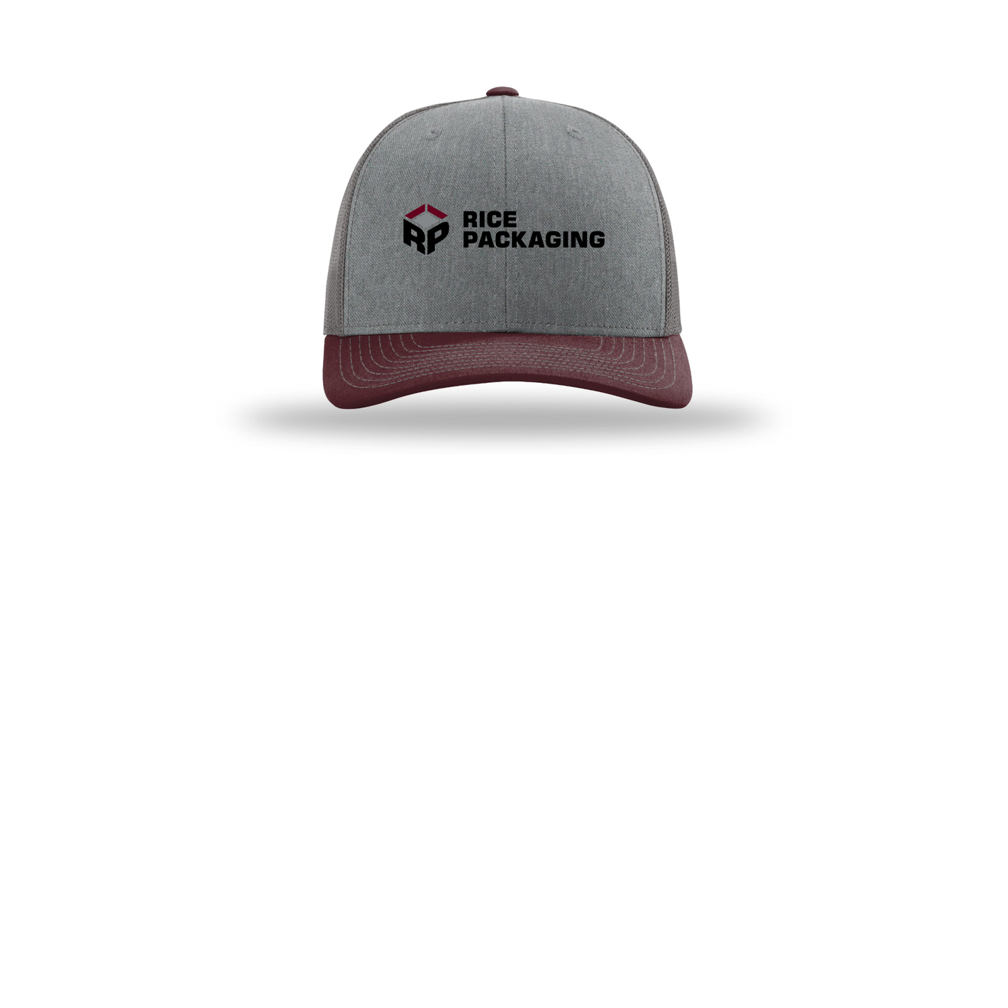 ricepackaging-richardson-trucker-cap-embroidery-capfront-R112-heathergreycharcoalmaroon-flat-front
