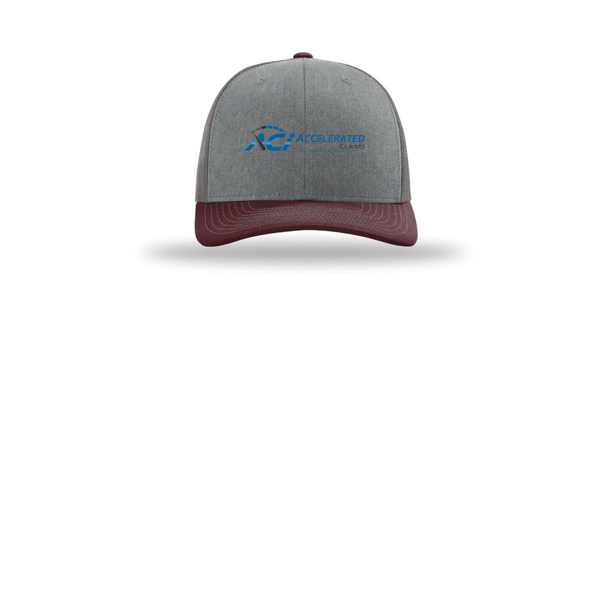 accelclaims-richardson-trucker-cap-embroidery-capfront-R112-heathergreycharcoalmaroon-flat-front