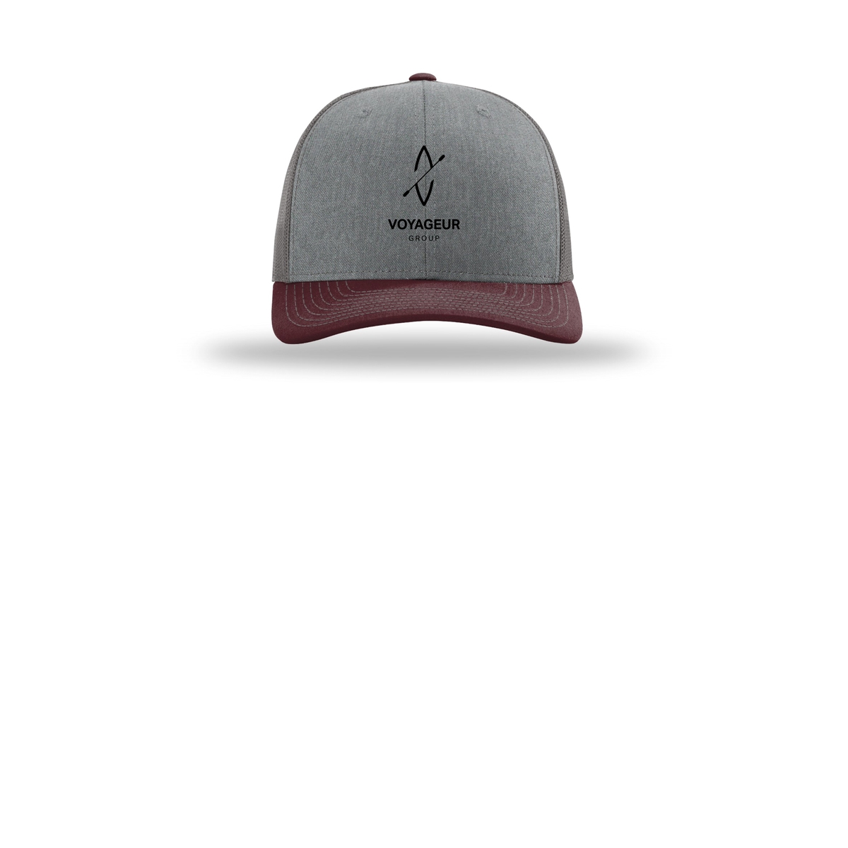 voyageurgroup-richardson-trucker-cap-embroidery-capfront-R112-heathergreycharcoalmaroon-flat-front
