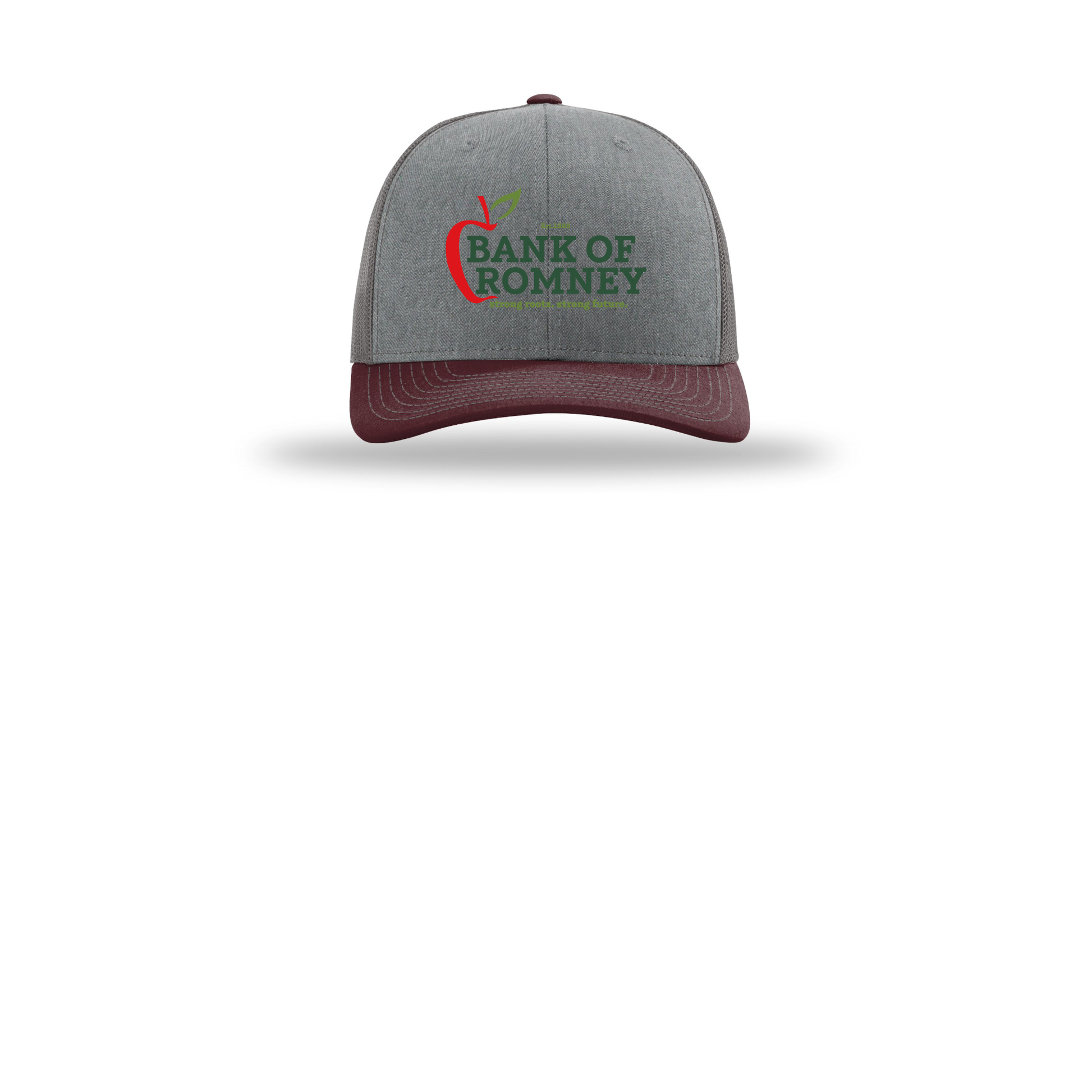 bankofromney-richardson-trucker-cap-embroidery-capfront-R112-heathergreycharcoalmaroon-flat-front
