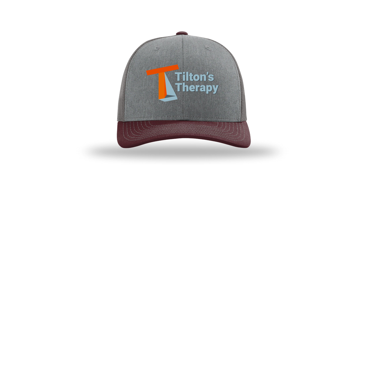 tiltonstherapy-richardson-trucker-cap-embroidery-capfront-R112-heathergreycharcoalmaroon-flat-front