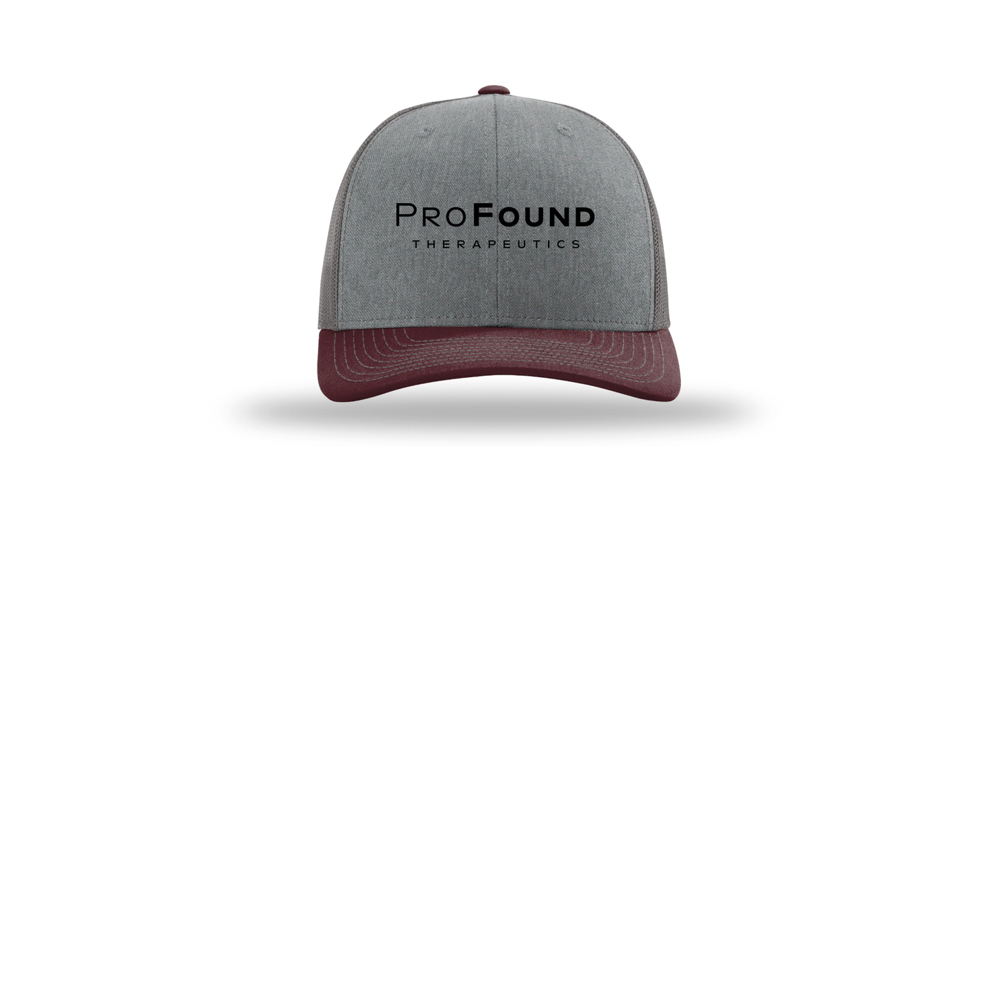 profoundtx-richardson-trucker-cap-embroidery-capfront-R112-heathergreycharcoalmaroon-flat-front