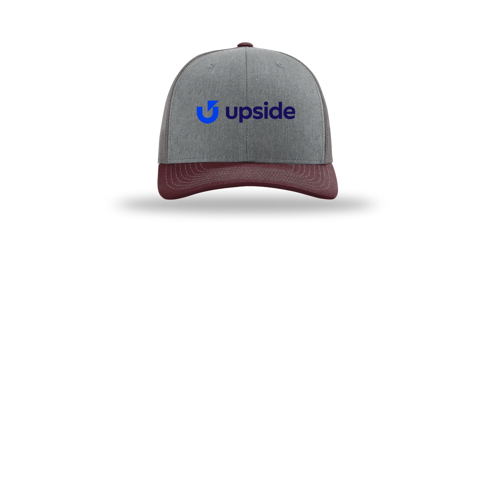upside-richardson-trucker-cap-embroidery-capfront-R112-heathergreycharcoalmaroon-flat-front