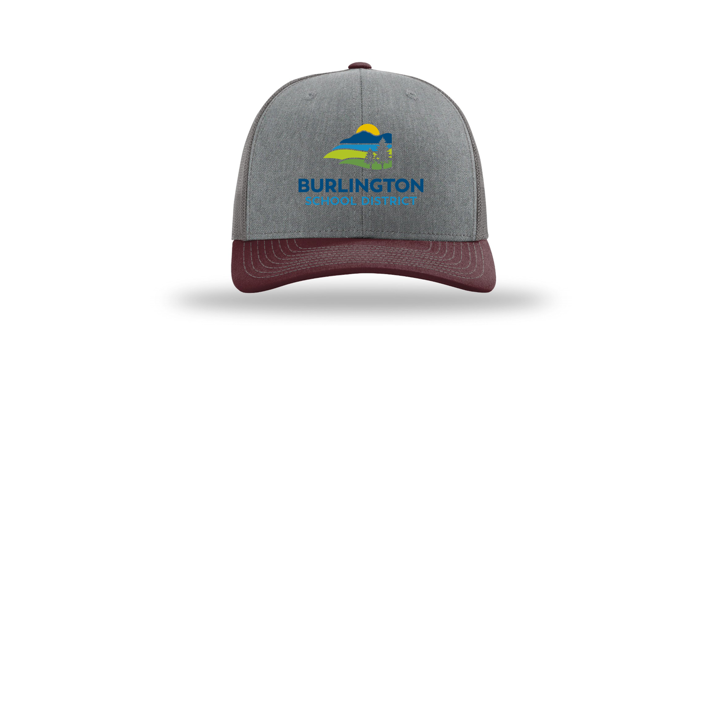 bsdvt-richardson-trucker-cap-embroidery-capfront-R112-heathergreycharcoalmaroon-flat-front