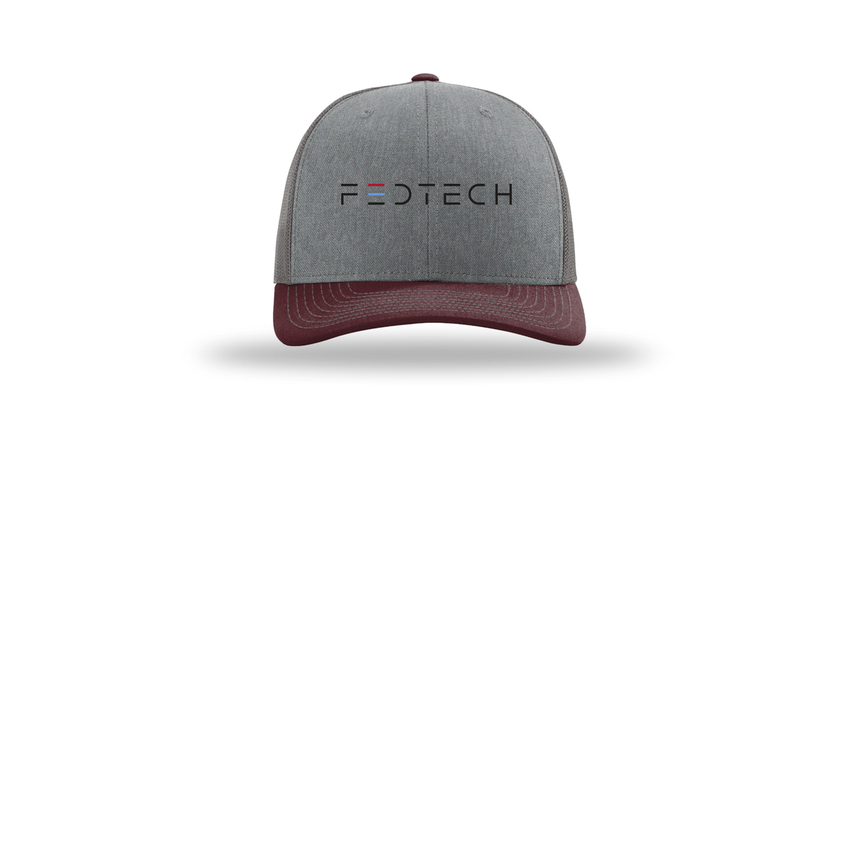 fedtech-richardson-trucker-cap-embroidery-capfront-R112-heathergreycharcoalmaroon-flat-front