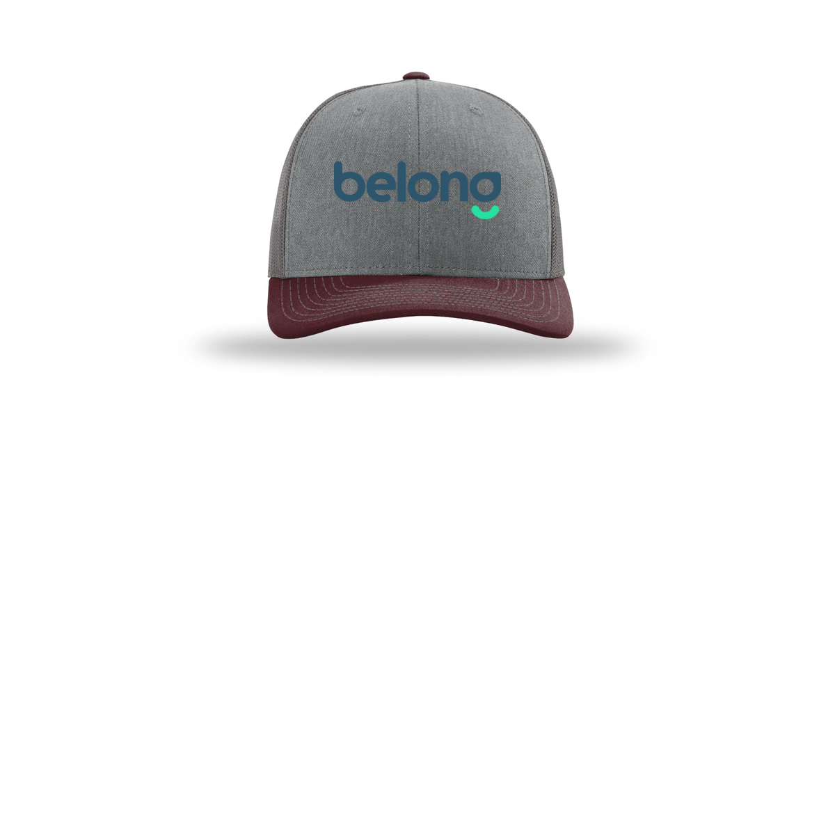 belonghome-richardson-trucker-cap-embroidery-capfront-R112-heathergreycharcoalmaroon-flat-front