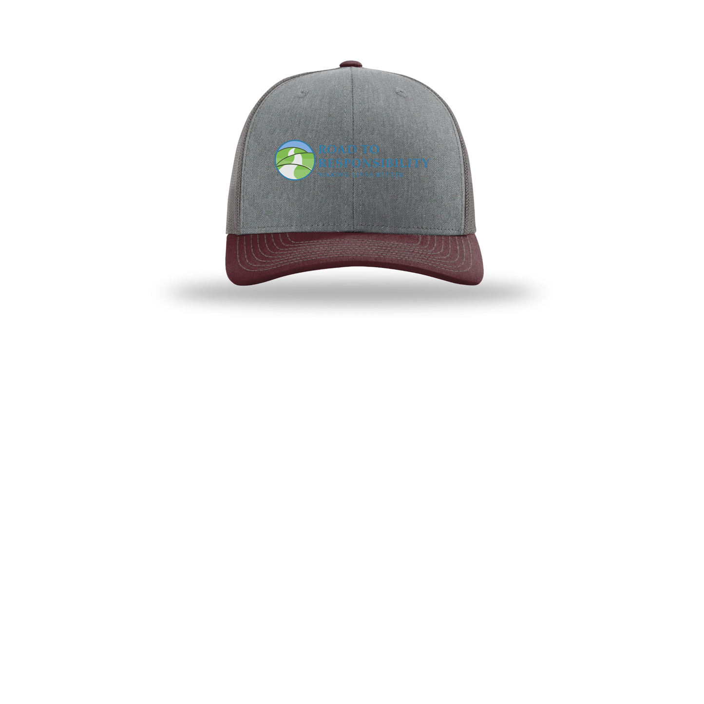 roadtoresponsibility-richardson-trucker-cap-embroidery-capfront-R112-heathergreycharcoalmaroon-flat-front