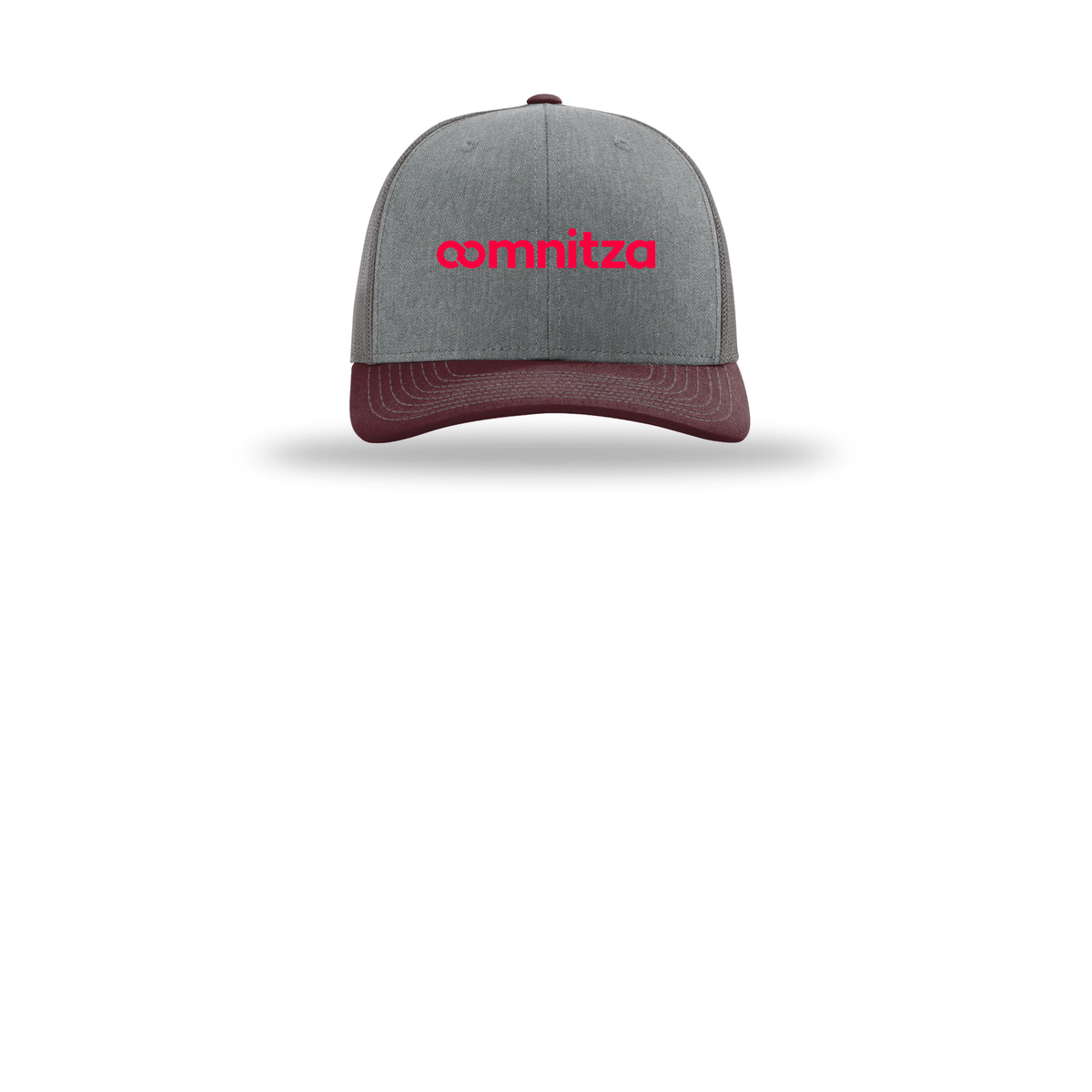oomnitza-richardson-trucker-cap-embroidery-capfront-R112-heathergreycharcoalmaroon-flat-front