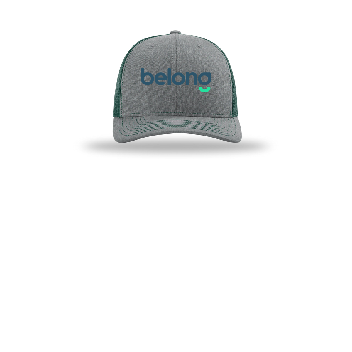 belonghome-richardson-trucker-cap-embroidery-capfront-R112-heathergreydarkgreen-flat-front