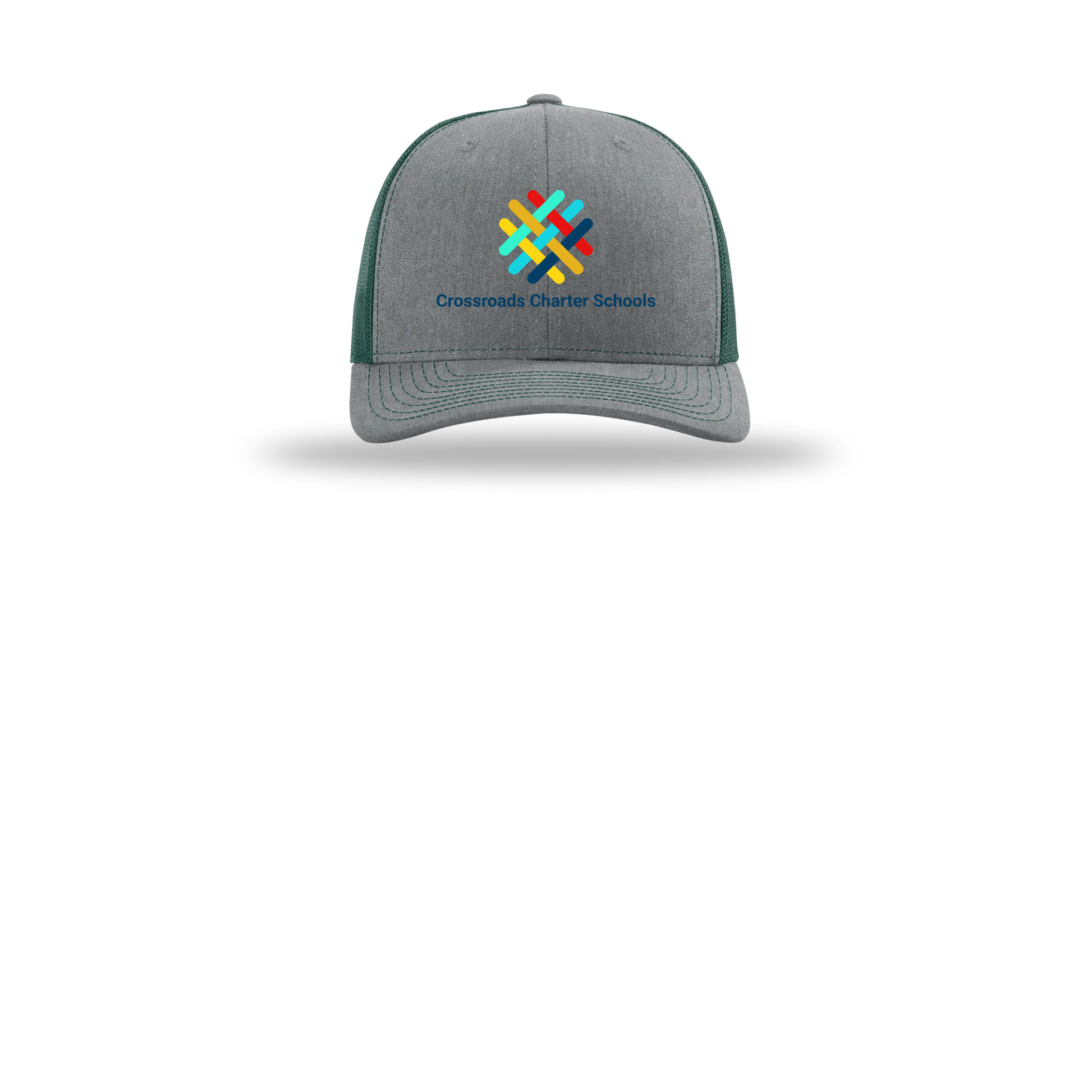 crossroadsschoolskc-richardson-trucker-cap-embroidery-capfront-R112-heathergreydarkgreen-flat-front