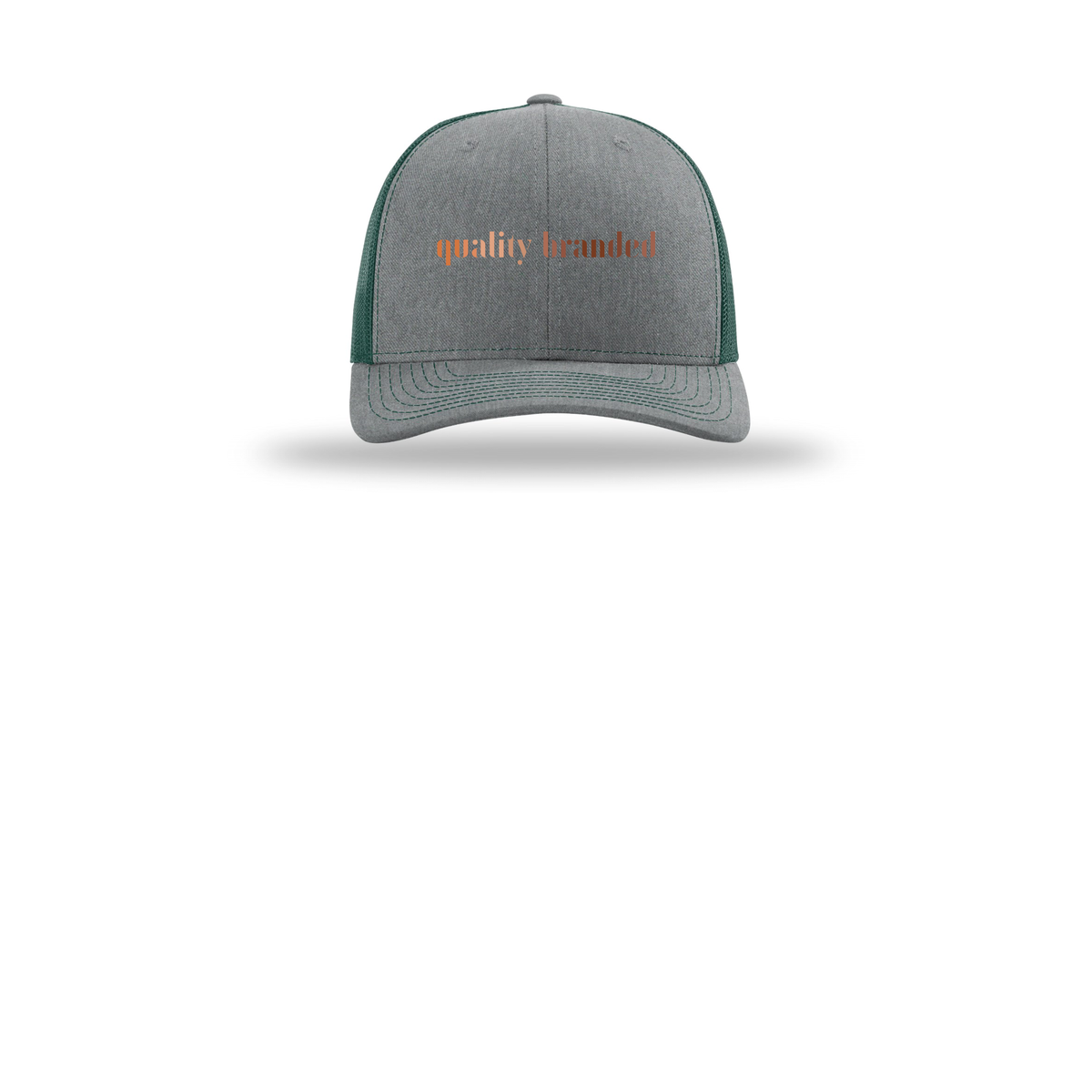 qualitybranded-richardson-trucker-cap-embroidery-capfront-R112-heathergreydarkgreen-flat-front