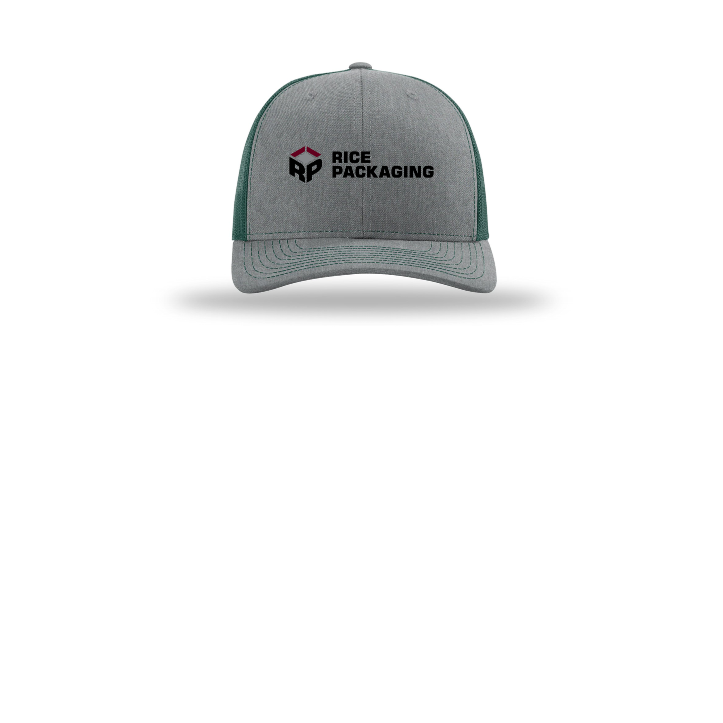 ricepackaging-richardson-trucker-cap-embroidery-capfront-R112-heathergreydarkgreen-flat-front