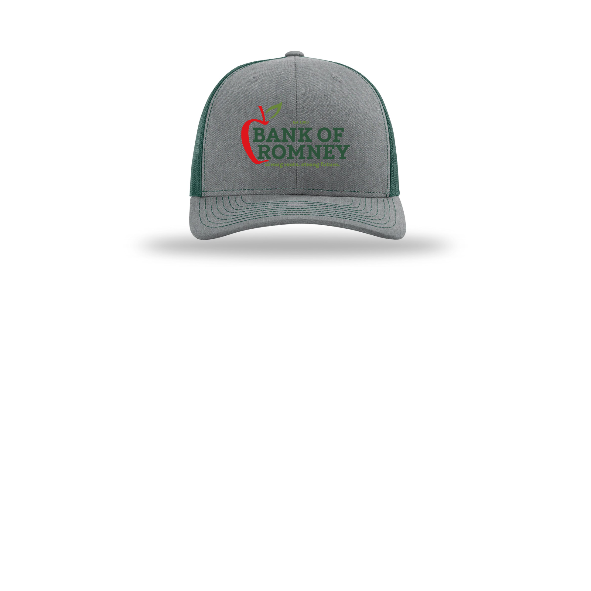 bankofromney-richardson-trucker-cap-embroidery-capfront-R112-heathergreydarkgreen-flat-front