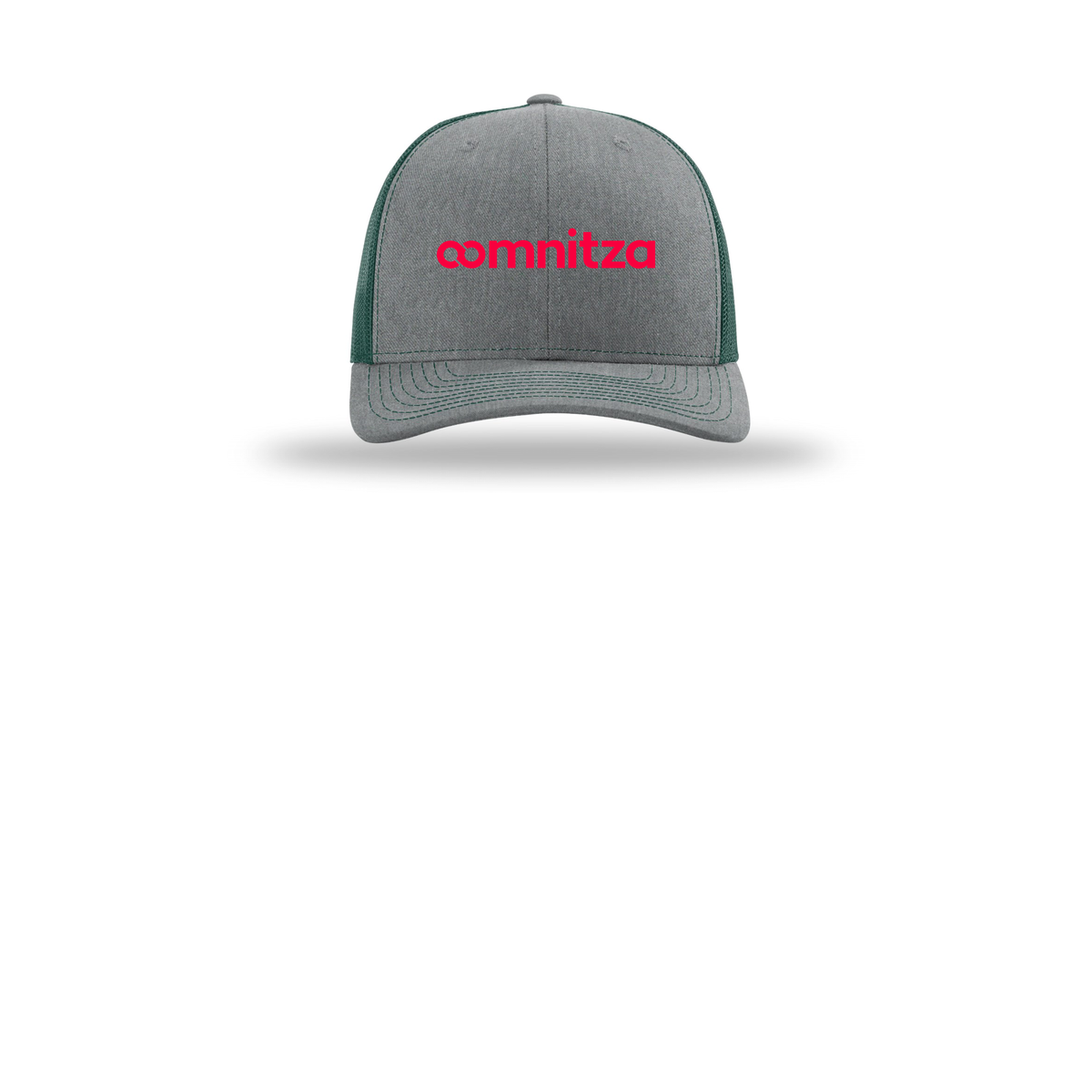 oomnitza-richardson-trucker-cap-embroidery-capfront-R112-heathergreydarkgreen-flat-front