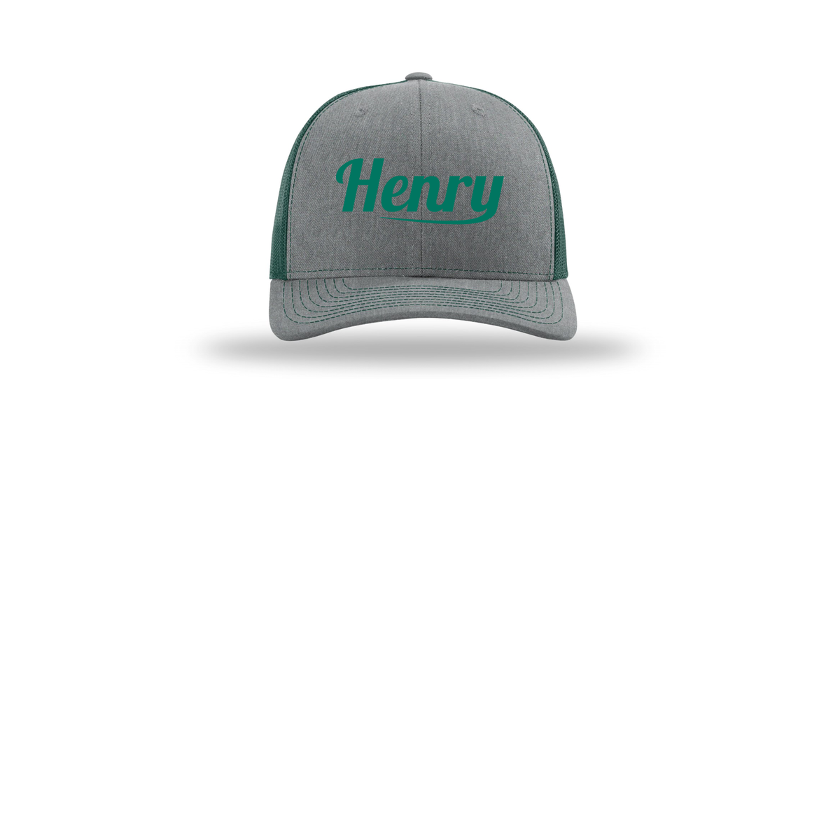 henrymeds-richardson-trucker-cap-embroidery-capfront-R112-heathergreydarkgreen-flat-front