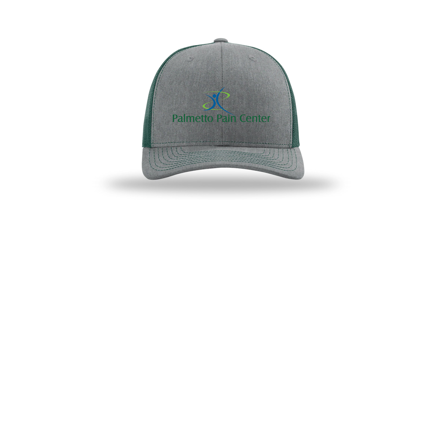 palmetto-pain-center-richardson-trucker-cap-embroidery-capfront-R112-heathergreydarkgreen-flat-front