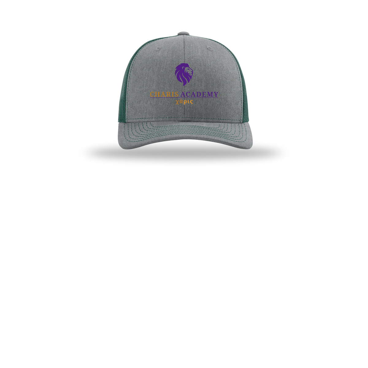 cahazleton-richardson-trucker-cap-embroidery-capfront-R112-heathergreydarkgreen-flat-front
