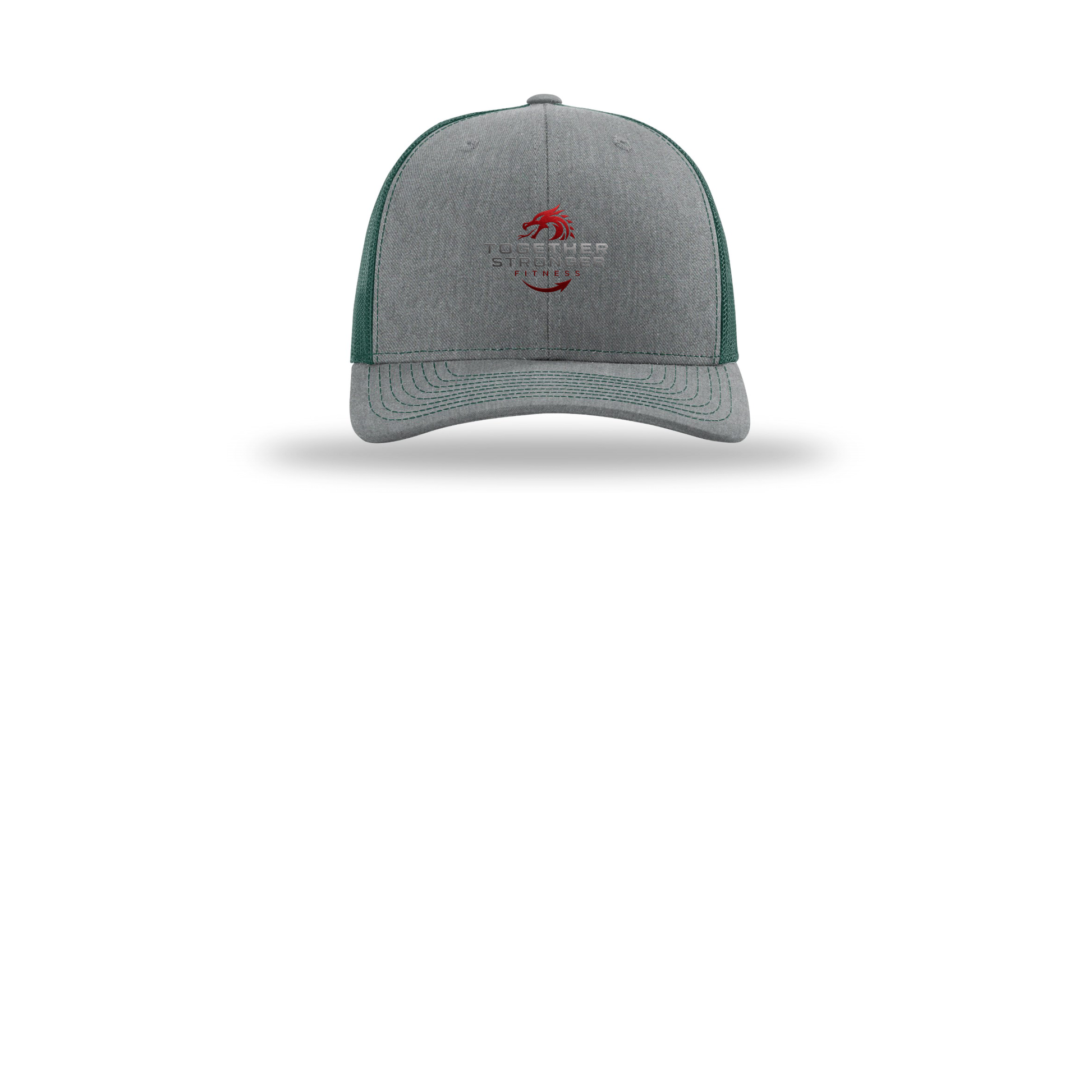 togetherstrongerfitness-richardson-trucker-cap-embroidery-capfront-R112-heathergreydarkgreen-flat-front