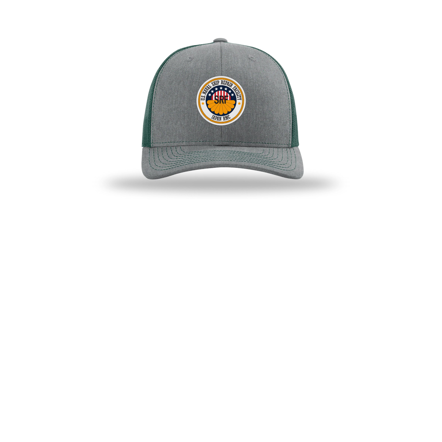 srf-jrmc-richardson-trucker-cap-embroidery-capfront-R112-heathergreydarkgreen-flat-front