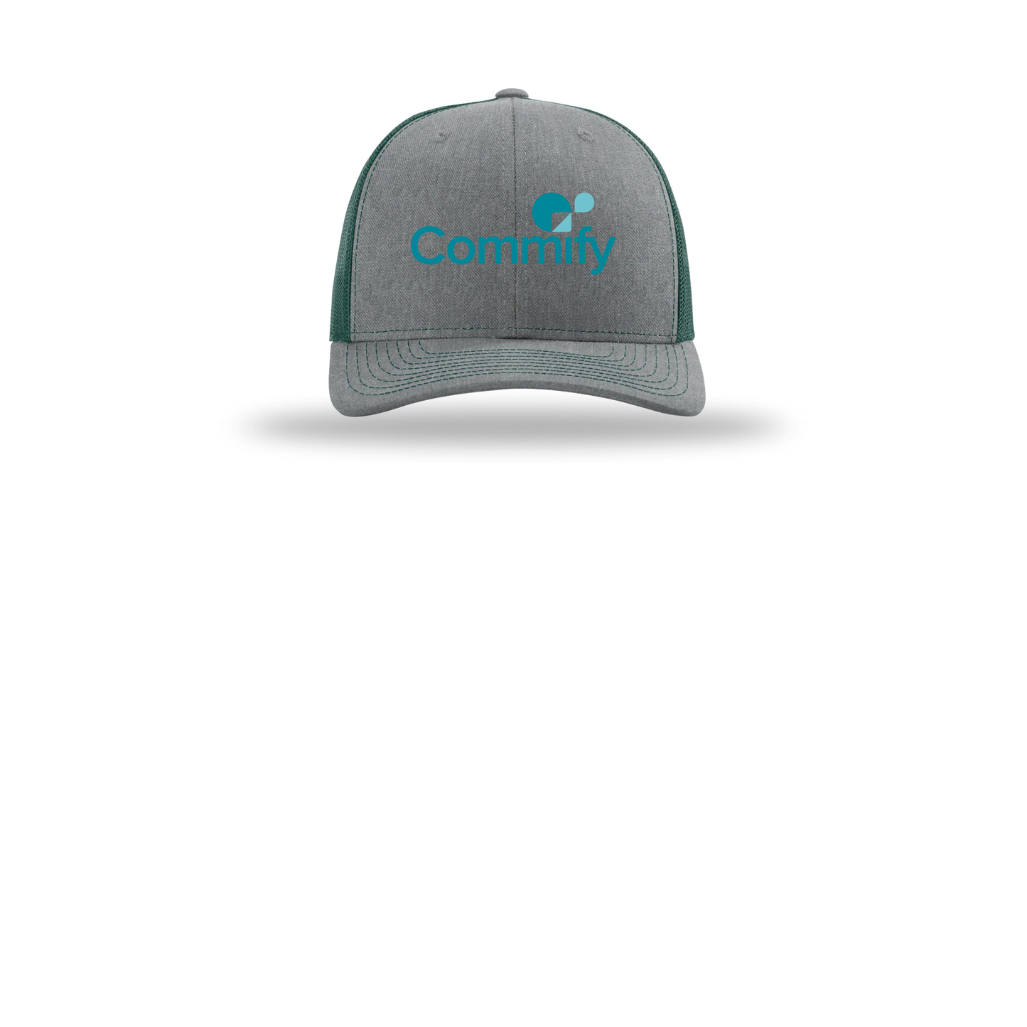 commify-richardson-trucker-cap-embroidery-capfront-R112-heathergreydarkgreen-flat-front