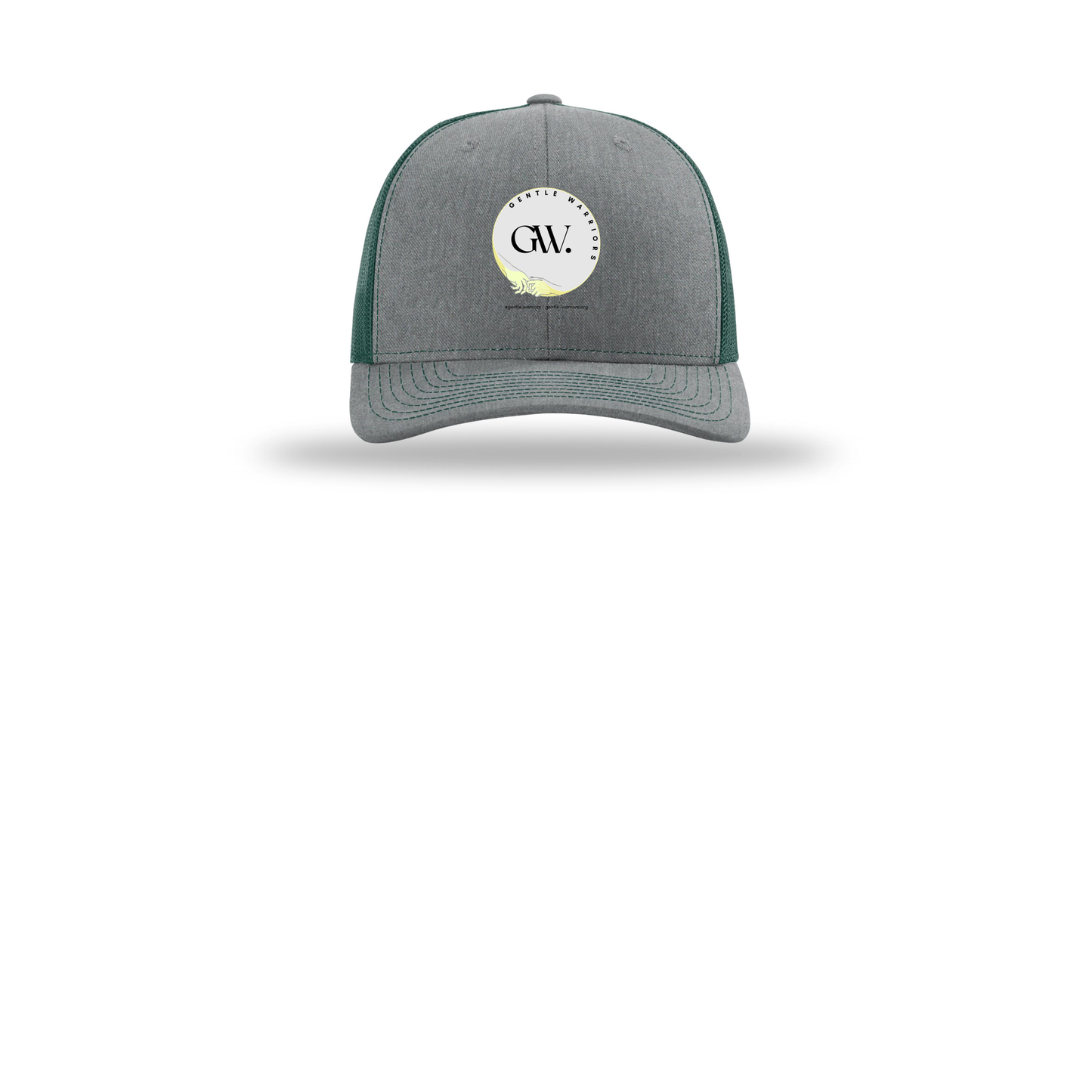 gentle-warriors-richardson-trucker-cap-embroidery-capfront-R112-heathergreydarkgreen-flat-front